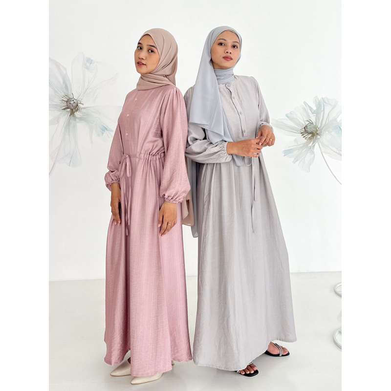 KAIZARA Freya Dress - Dress Panjang Lengan Panjang Gamis Wanita Serut Pinggang Puffy Bahan Polo Line