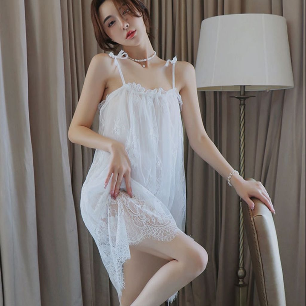 Lingerie Seksi Set D-111 All Size / Big Size Double Layer Polyester Blend Lace Daster Pakaian Dalam Baju Tidur Wanita Dewasa Seksi Baju Dinas Malam Panjang Import-8