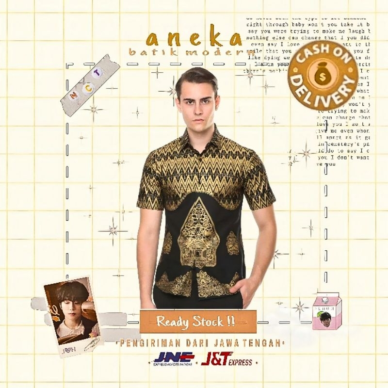 ATASAN HEM BATIK COWOK LENGAN PENDEK HITAM GOLD EMAS MOTIF OMAH WAYANG BIG SIZE JUMBO LD 140 CM MURA