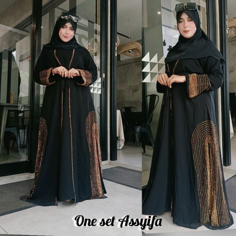 abaya hitam gamis sifon assyifa busana muslim wanita abaya turkey one set inner n outer jetblack fas