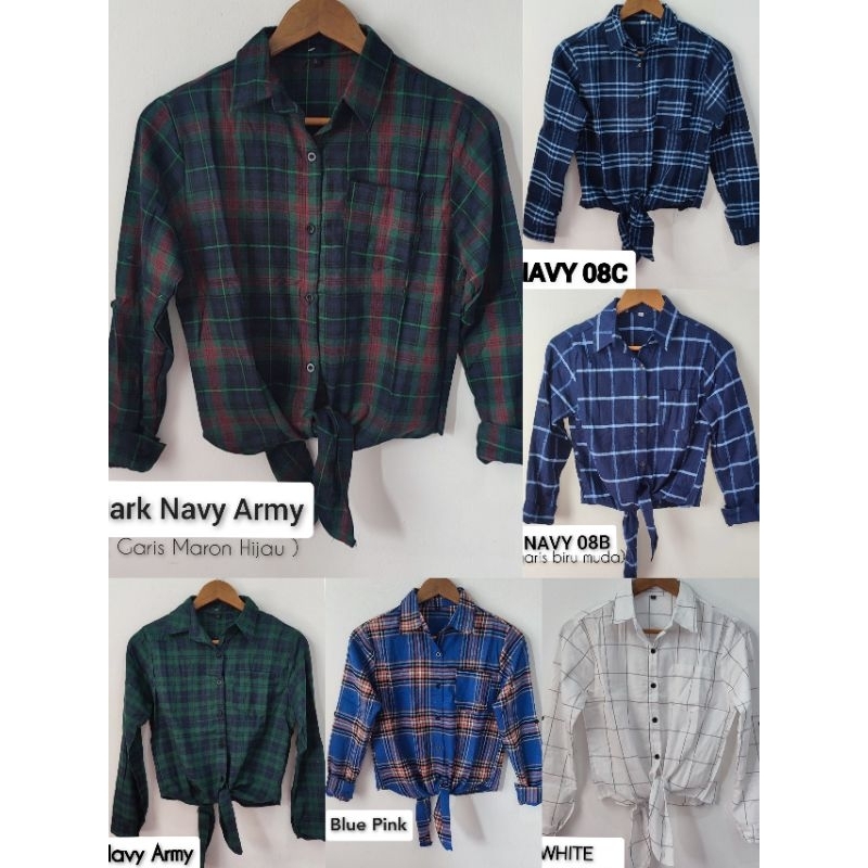 KEMEJA IKAT KOTAK FLANEL - Kemeja Tali Kotak Flanel Crop Top Wanita Fashion Baju Cewek