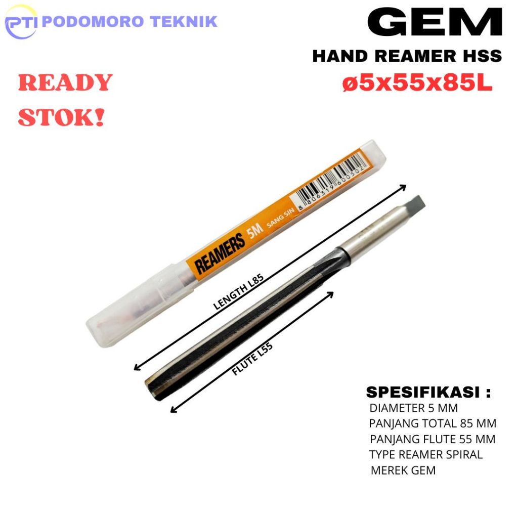 Hand Reamer 5 mm / Hand Reamer 5mm Mesin Reamer Lurus Merek GEM
