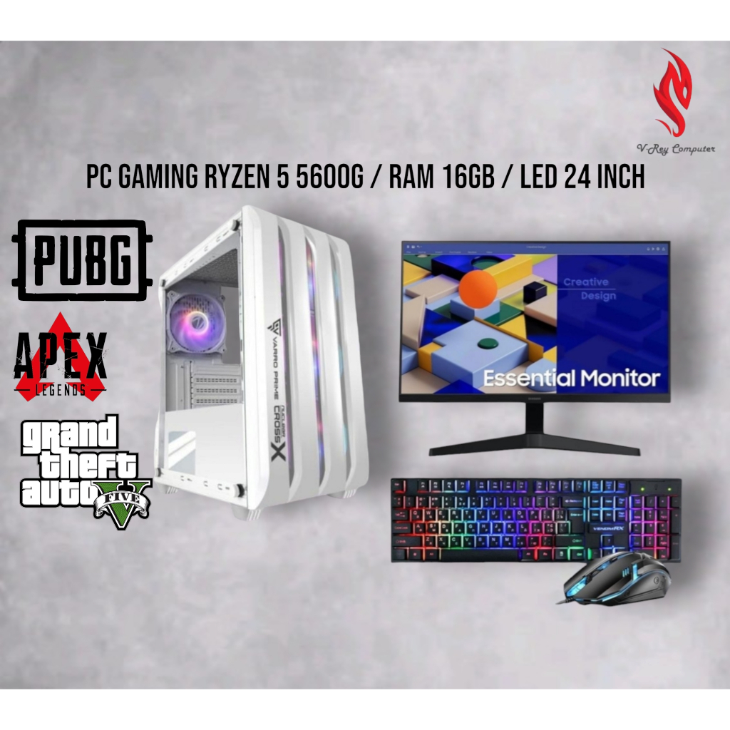 Full Set PC Gaming AMD Ryzen 5 5600G RAM 16GB SSD NVME 512GB Monitor LED 24 Inch Siap Pakai