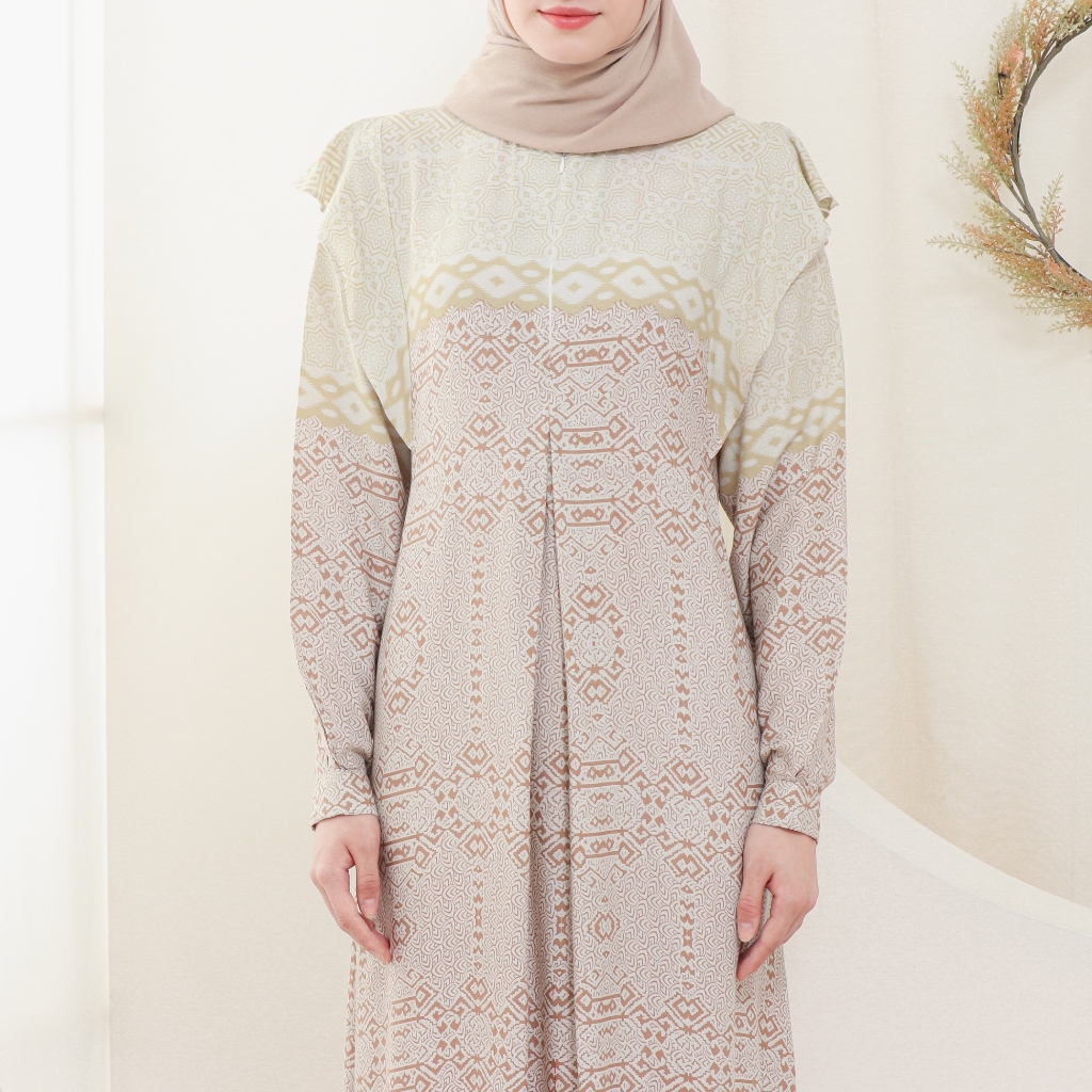Lalucuku Collection Raya Dress  Gamis Aruna Wanita Motif Kekinian Busui Frendly Cotton Rayon Premium-Biscoff
