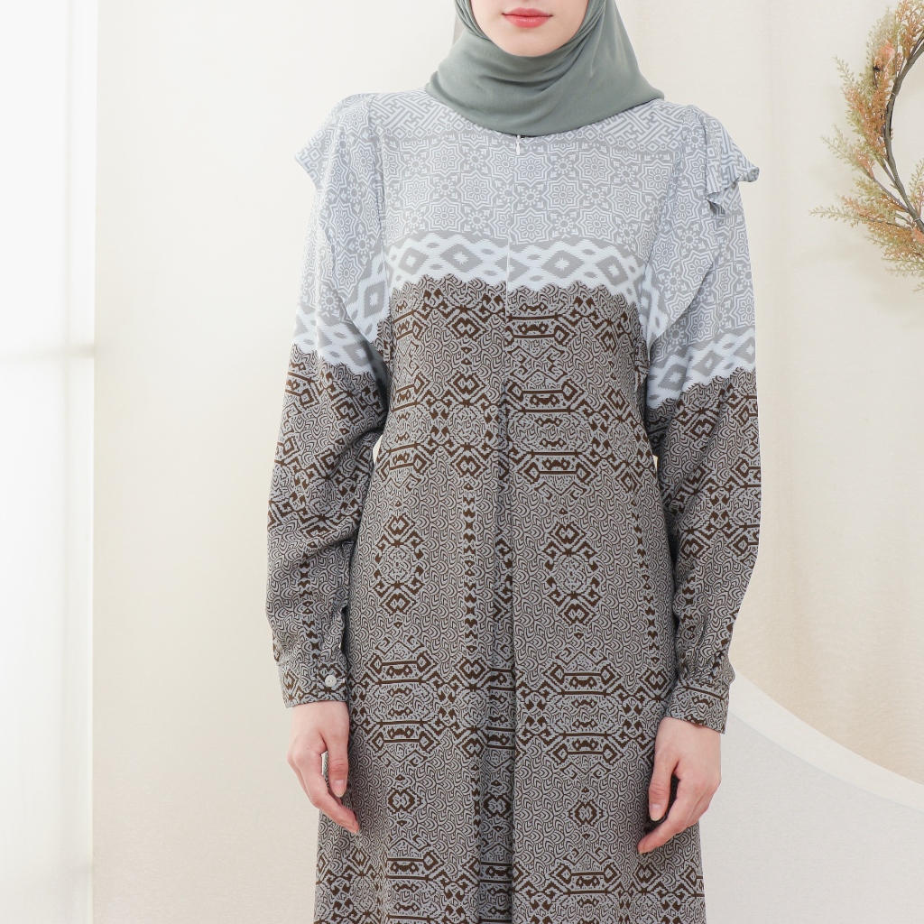 Lalucuku Collection Raya Dress  Gamis Aruna Wanita Motif Kekinian Busui Frendly Cotton Rayon Premium-Ash Brown