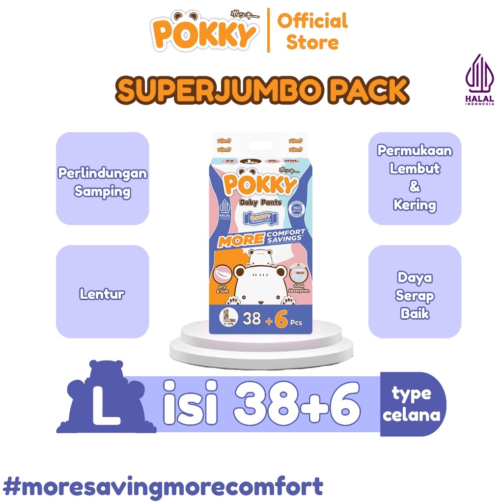 (POKKY PANTS) [1 BAG] POPOK CELANA BABY SUPER JUMBO PACK M44+6/L38+6/XL32+6/XXL28+6 - Gambar 3