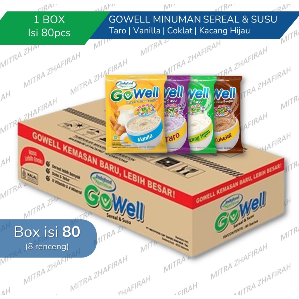 

GOWELL Sereal Susu sarapan Sehat dengan Rasa TARO VANILA COKLAT dan KACANG HIJAU Box isi 80pcs