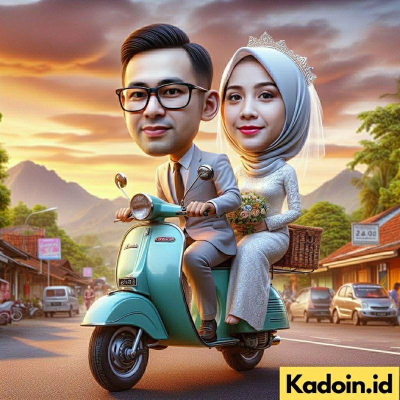 Jasa Edit Karikatur Pengantin Naik Motor Untuk Kado Ulang Tahun/Wisuda/Anniversary/Pernikahan dll