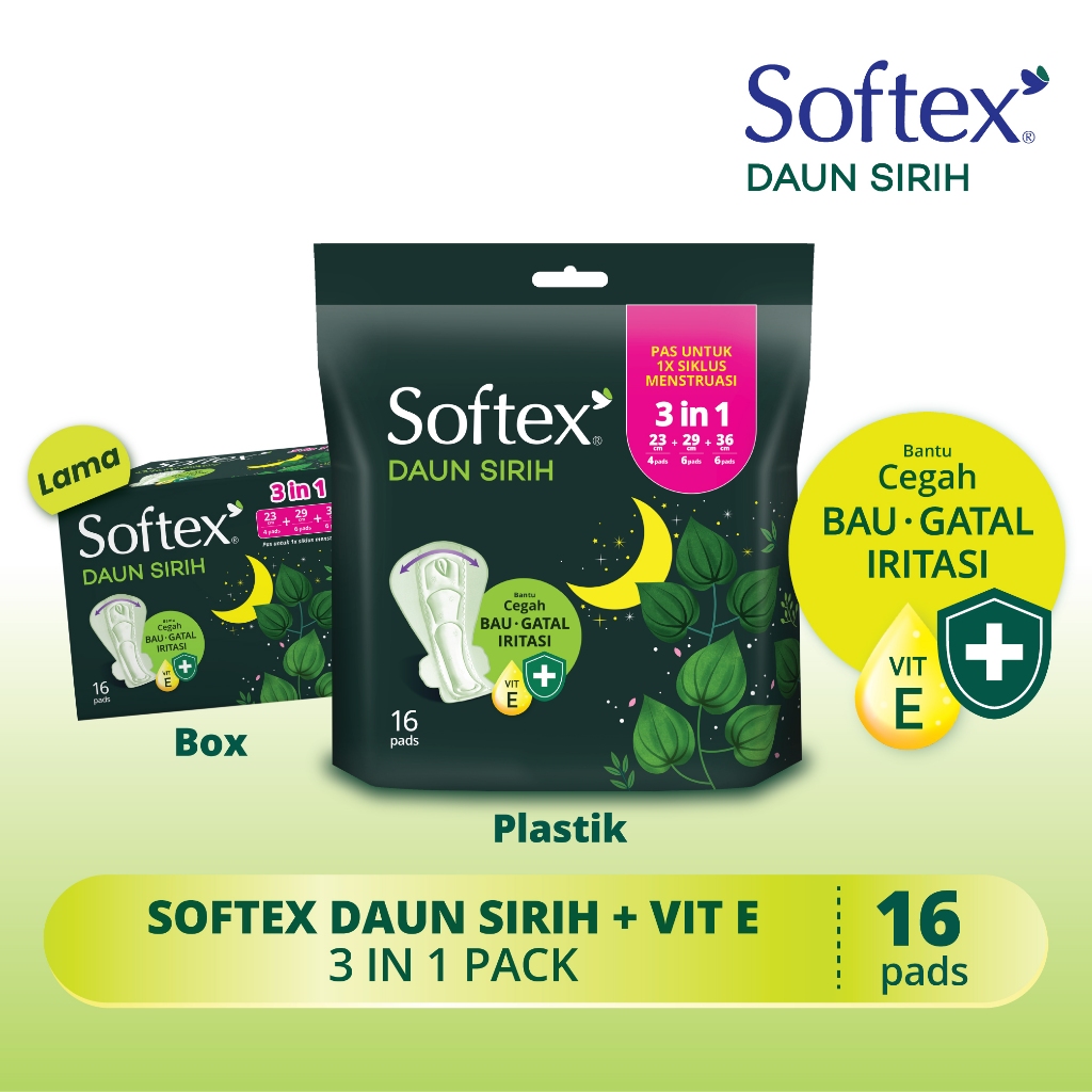 Foto Softex Daun Sirih + Vitamin E Pembalut 3in1 isi 16 pads