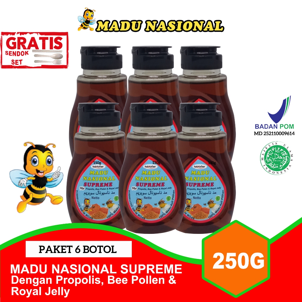 

Madu Nasional Supreme Extra Propolis Royal Jelly Bee Polen 250 Gram ASLI Madu SIdr + Madu Hutan Kalimantan – 6 Botol