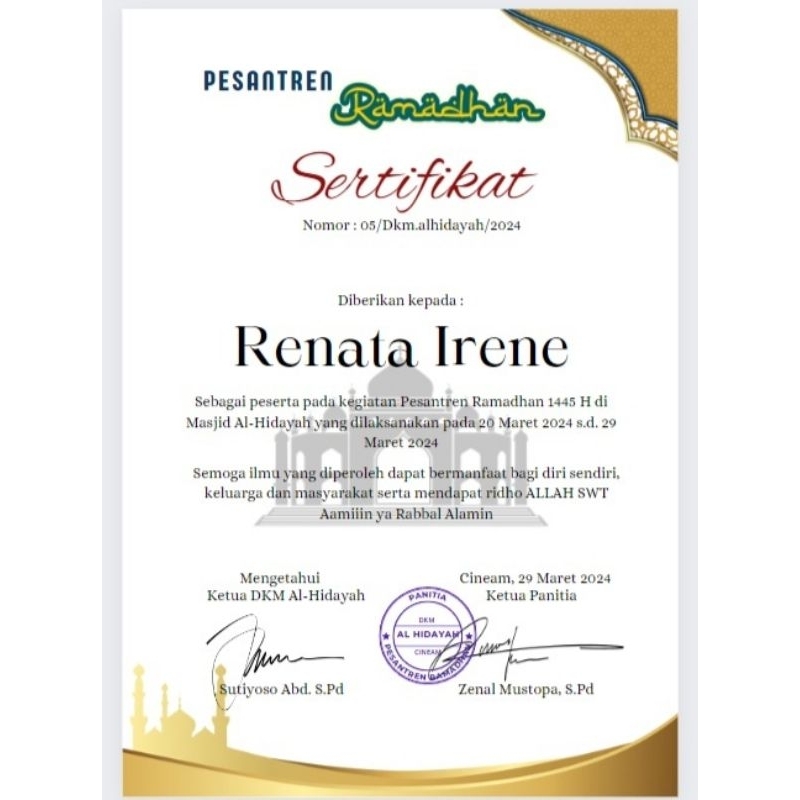 

Sertifikat Piagam Pesantren Kilat Ramadhan Desain bebas