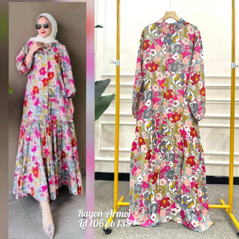 Gamis rempel bahan rayon motif bunga