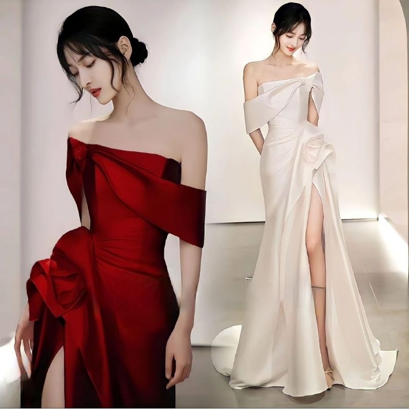 dress sabrina slit long gown gaun panjang merah maroon white putih dress premium long dress acara pe