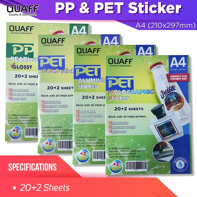 

Stiker bahan PET alumunium dan stiker mutiara Stiker tahan air ukuran A4 untuk label dan stiker (20+2 lembar)