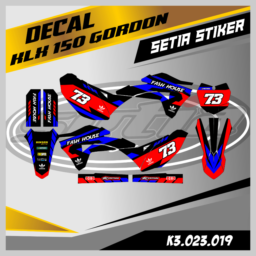 DECAL KLX GORDON, WARNA BIRU MERAH ELEGEN, KEREN, SIMPLE, STIKER SUPERMOTO TRAIL, DESAIN BEBAS CUSTO