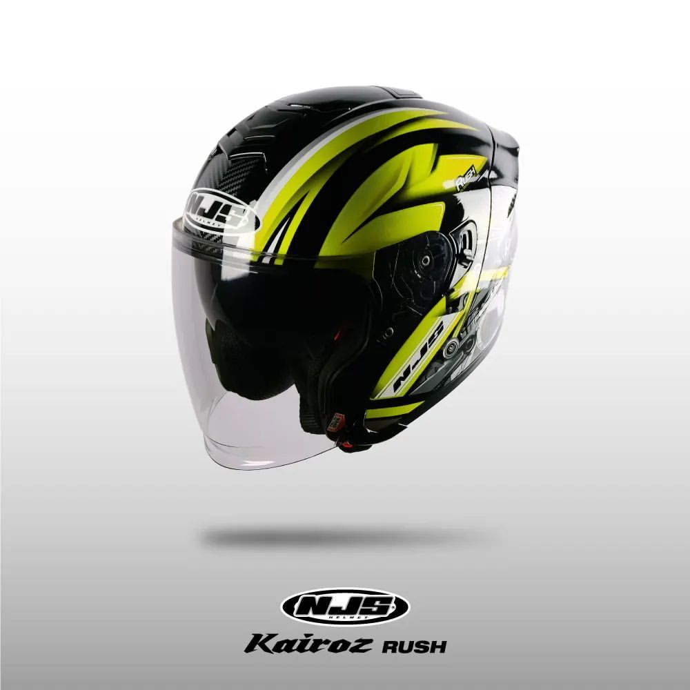 NJS KAIROZ DV RUSH Hitam - Kuning Fluo Gloss/Doff - Helm Half face(DOUBLE VISOR) | NJS DV | Kairoz D