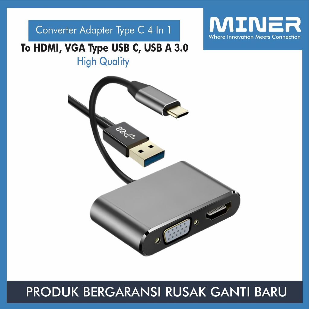 MINER Converter Adapter Type C 4 In 1 to HDMI, VGA, Type USB C, USB A 3.0 Kualitas Premium