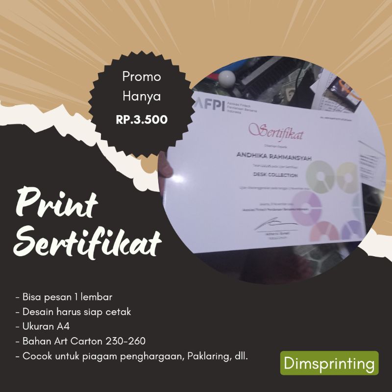 

Print Sertifikat A4 Piagam Penghargaan, Paklaring, Dll.