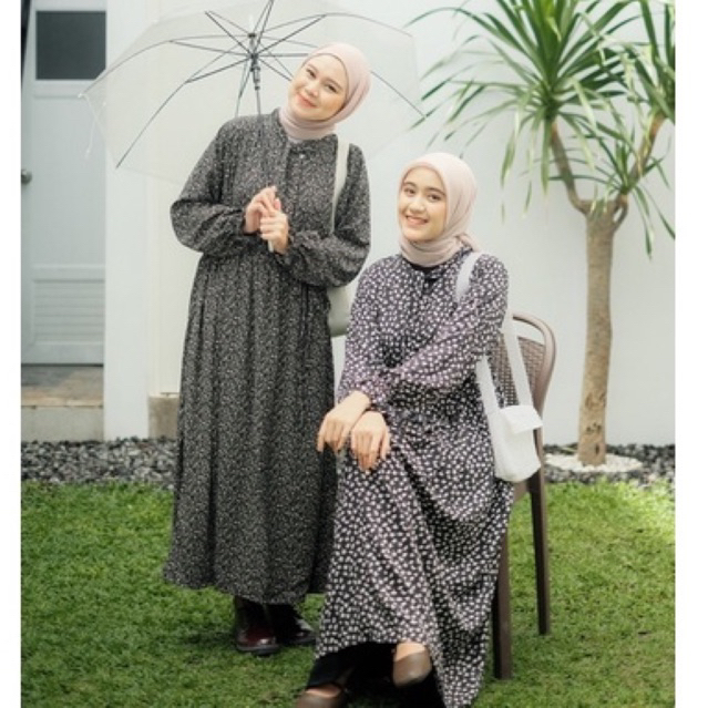 DAERI MIDI DRESS motif bunga kecil kerah tali bahan rayon viscose [evriastuff]