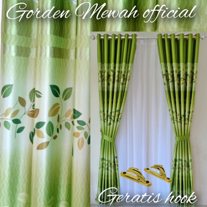 gorden blackout perintang premium import tebal motif daun parero hijau glossy terbaru