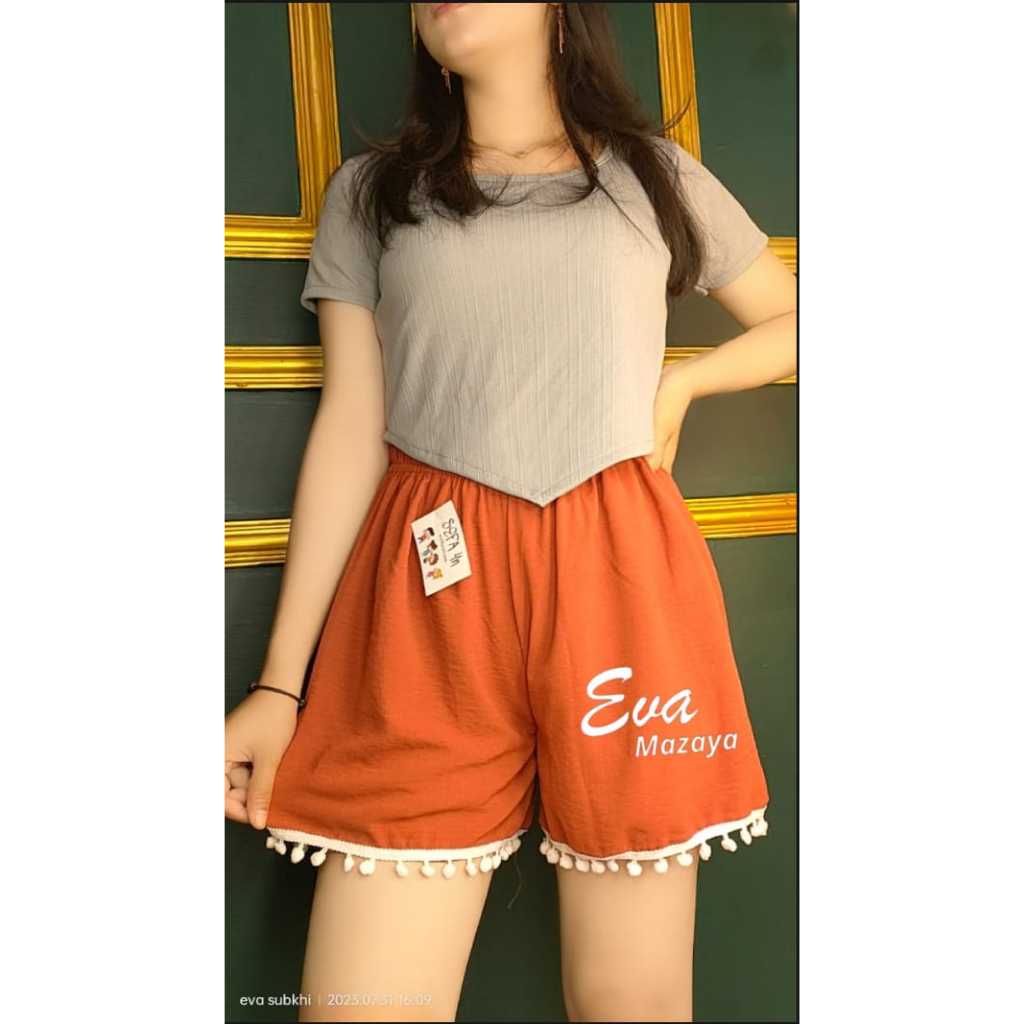 CELANA PENDEK WANITA HOTPANTS TERBARU BAHAN CRINKLE AIRFLOW PREMIUM MODEL POM POM