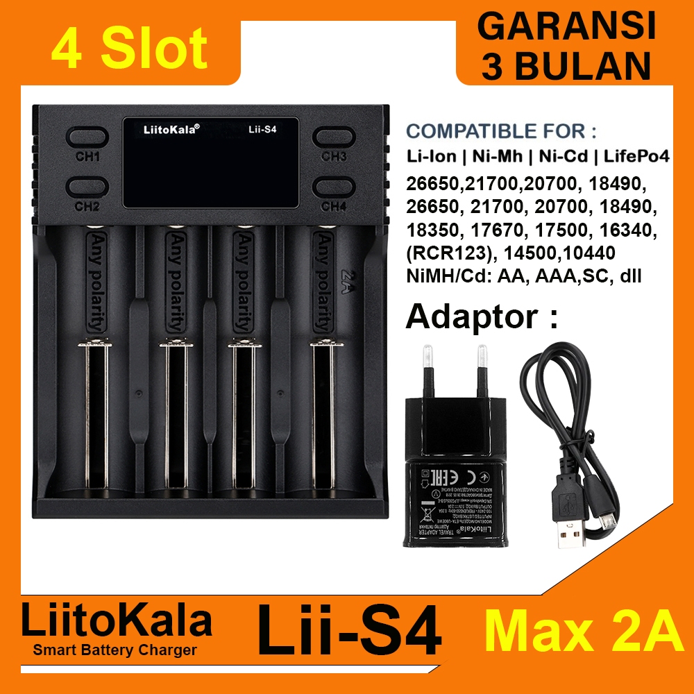 LiitoKala Lii-S4 Charger Baterai Fast Charging 2A Li-Ion LiFePO4 NiMH/NI-Cd 18650 26650 21700 AA AAA