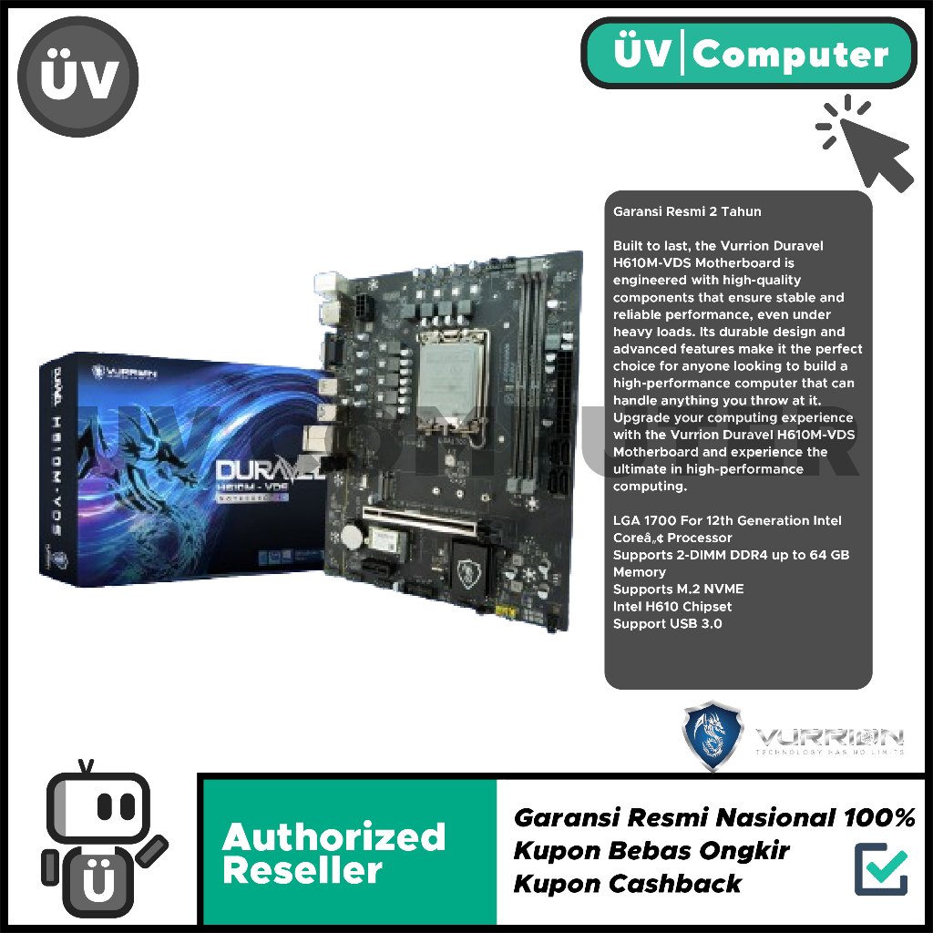 Motherboard Mobo Intel Vurrion DURAVEL H610M-VDS H610 H 610 DDR4 LGA 1700 M-ATX