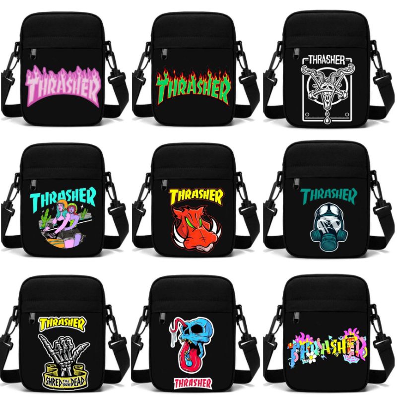 Tas Selempang Hitam Thrasher Distro Bahan 100% Kanvas Cordura / Tas Selempang Mini Thrasher / Sling 