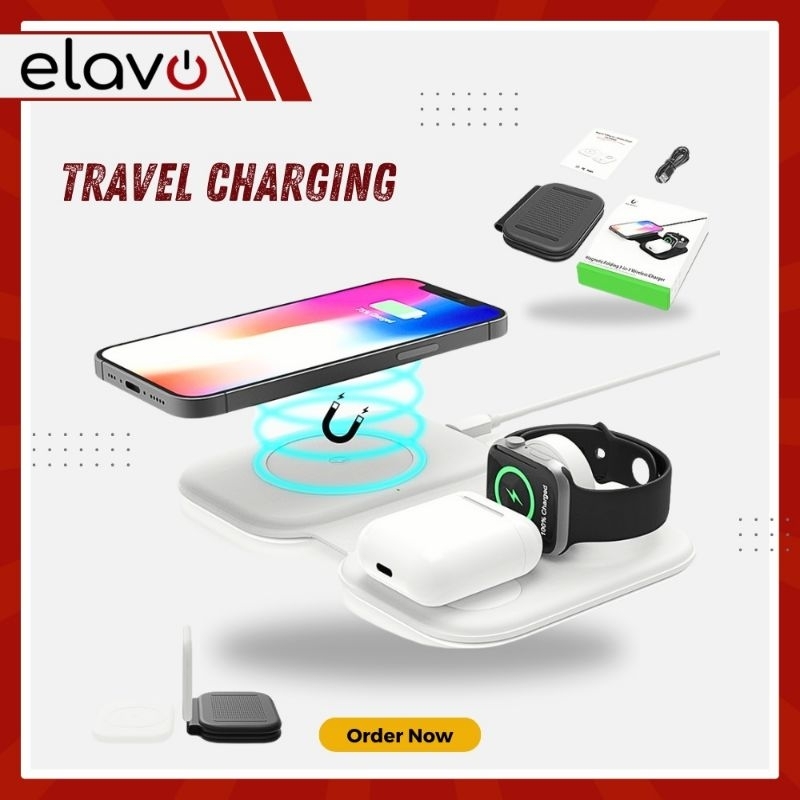 [ ORIGINAL ] ELAVO Travel Duo 3 in 1 Wireless Charging Apple Watch Airpods 2 Pro Dock Stand 3in1 Charger iWatch SE 7 6 5 4 3 2 1 iPhone 11 12 13 Pro Max Android Samsung Galaxy airpods