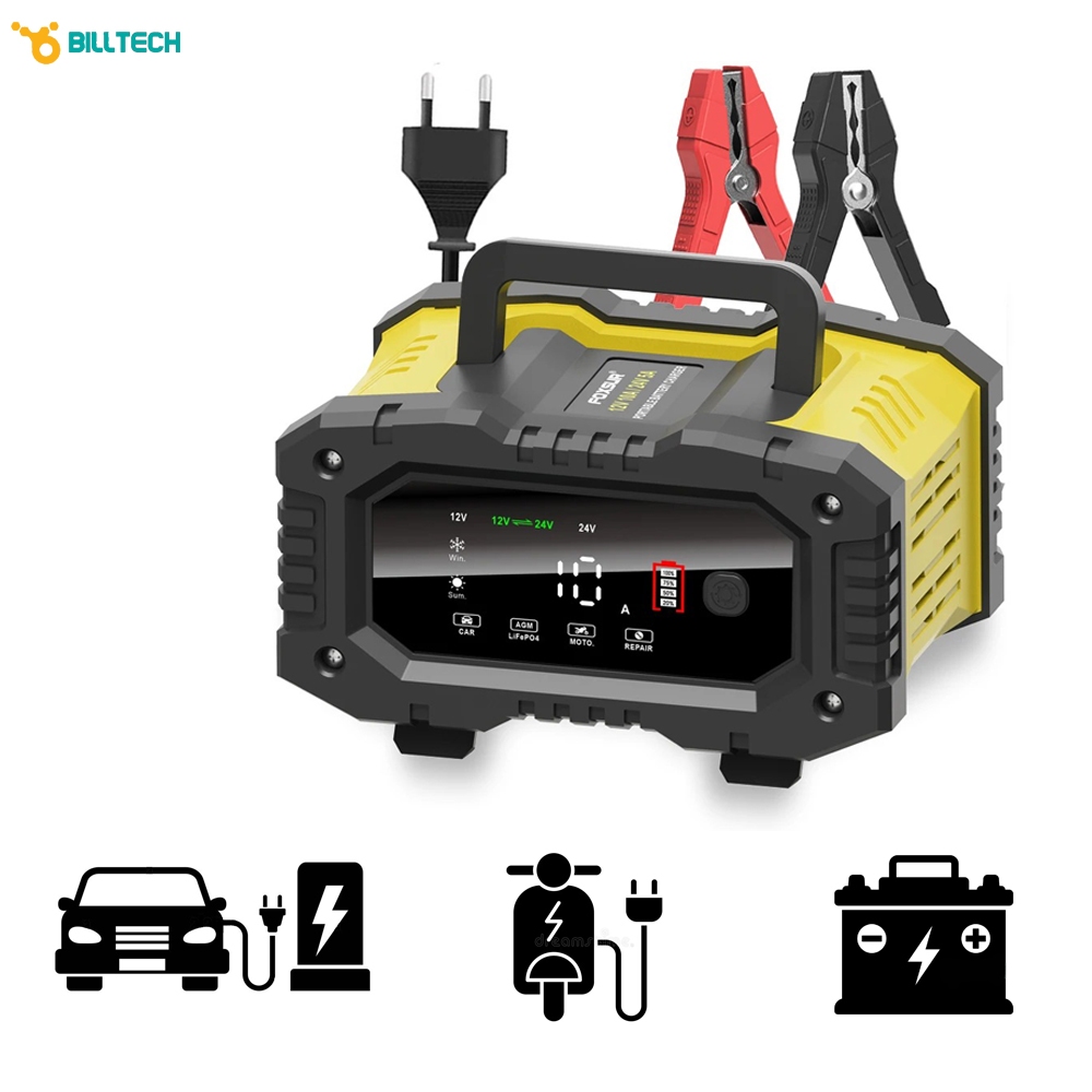 FOXSUR Charger Baterai Aki Mobil Motor Portable 10A 150W 12/24V