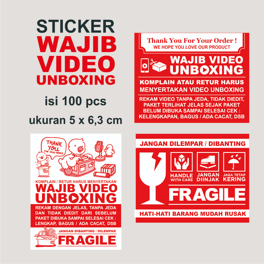 

STICKER WAJIB VIDEO UNBOXING FRAGILE - RED (100 pcs) UK. 5 x 6,3 cm