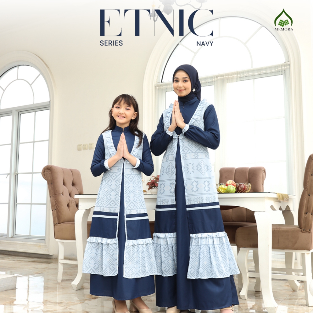 Gamis Couple Ibu Anak Perempuan Lebaran Series ETNIC NAVY By MEMORA - Baju Couple Ibu Anak Perempuan