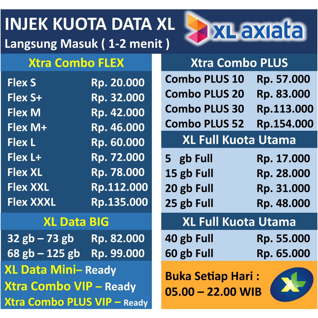 TERMURAH PAKET KUOTA DATA XL Xtra Combo FLEX / Combo BIG / Combo Plus / Xtra ON dan Xtra Combo VIP /