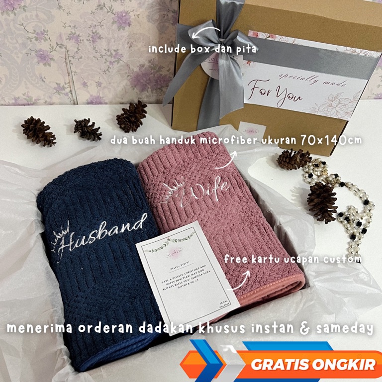 CHEKOUT Hampers Handuk Bordir Husband Wife 7x14cm Couple  Hampers Handuk Couple Wedding Pernikahan  