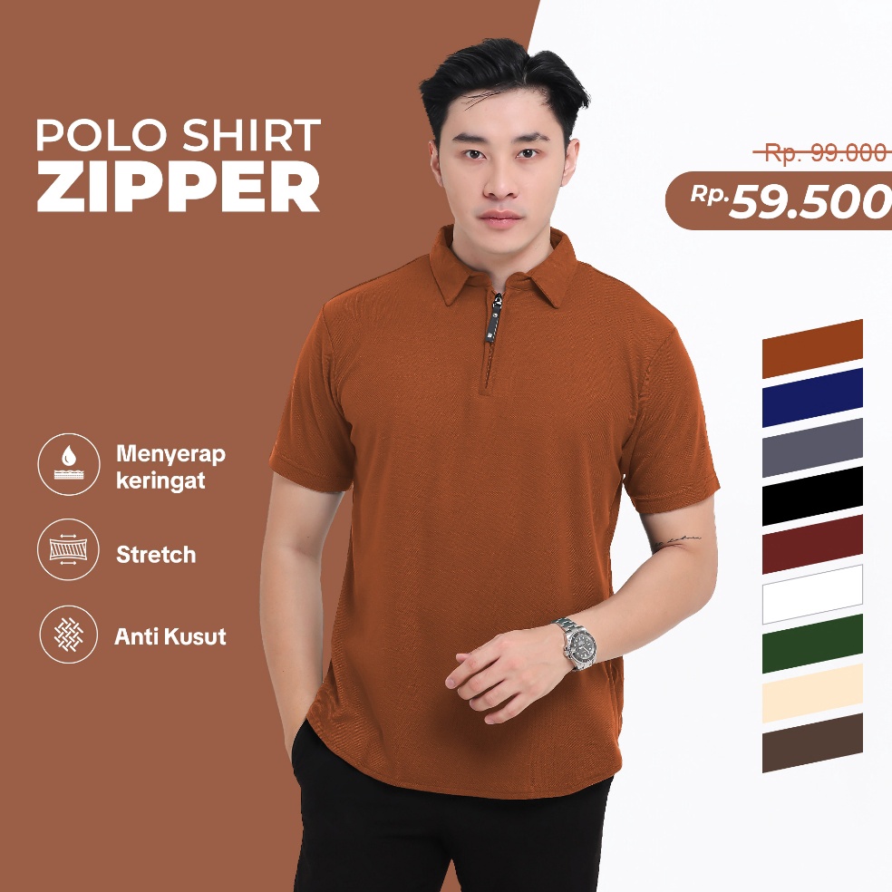 Extra deals BROGUY Kaos Polo Shirt Pria Kerah Lengan Pendek Zipper White