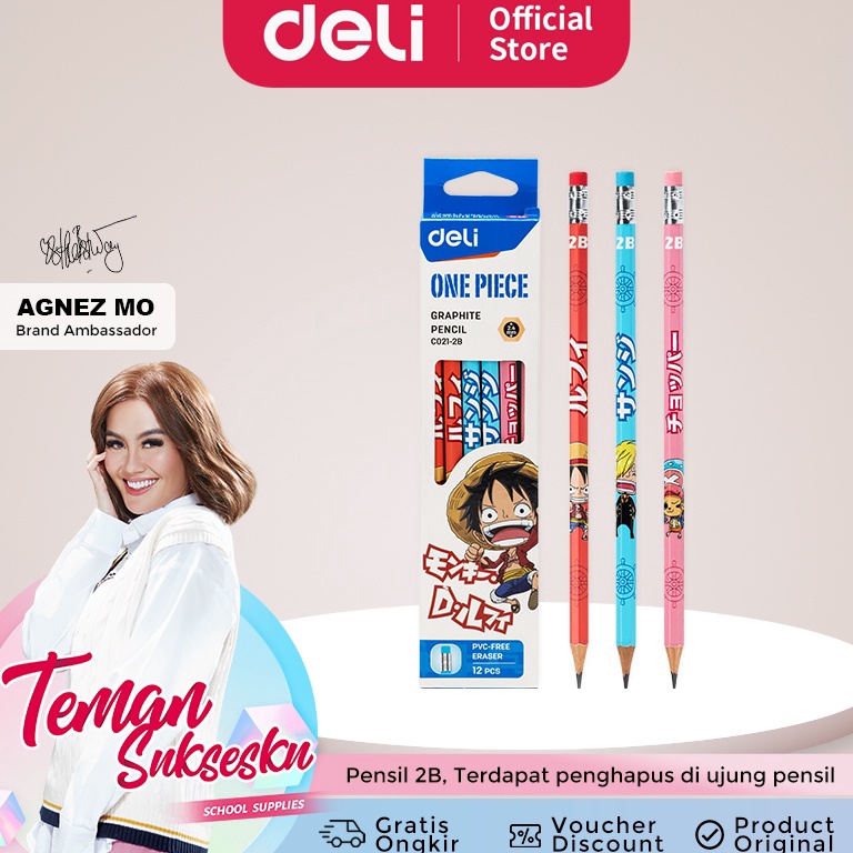 

FFM818 Terlaku Deli One Piece Graphit Pencil Pensil Kayu Grafit 2B Lucu Kartun One Piece Free Penghapus 12 Pcs Box EC212B