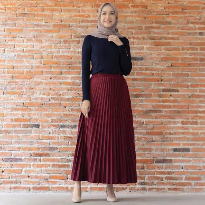 Warna Merah Maroon Rok Plisket Wanita Import Premium Kekinian