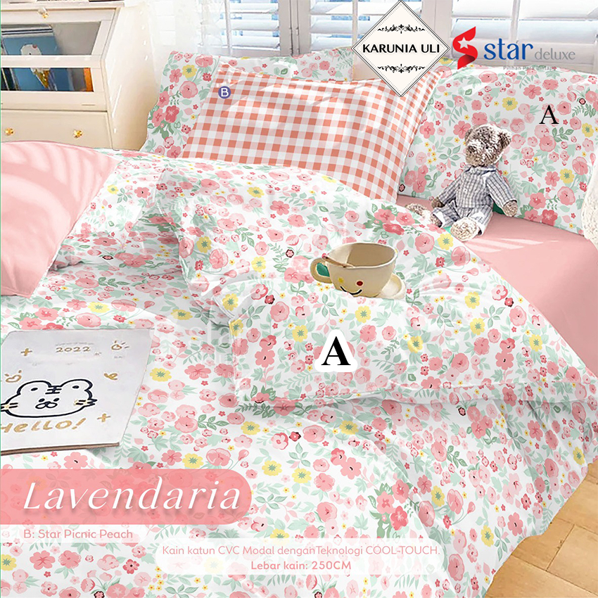 Sprei Katun Lokal STAR DELUXE Halus bunga pink hijau dasar putih cream LAVENDARIA anak dewasa unisex
