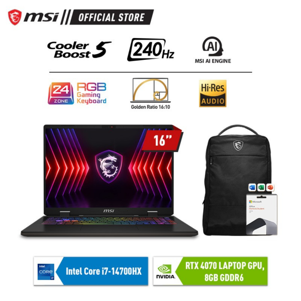 MSI Sword 16-063 Intel i7-14700HX 16GB 1TB RTX4070 16"QHD+ W11 OHS