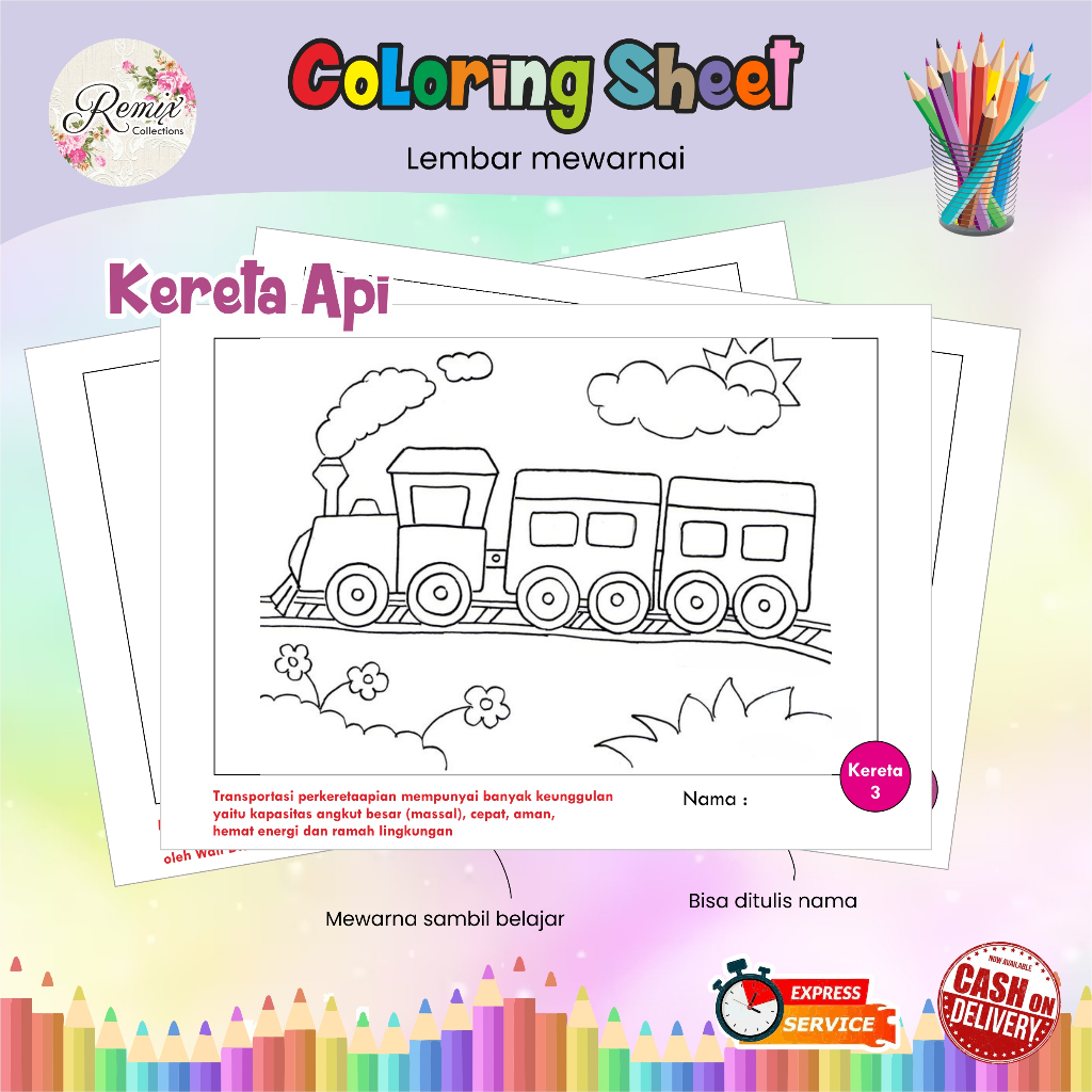 

[20 pcs] Kertas Mewarnai tema KERETA API / Kertas Gambar / Kertas Warna Anak TK SD / Watercolor