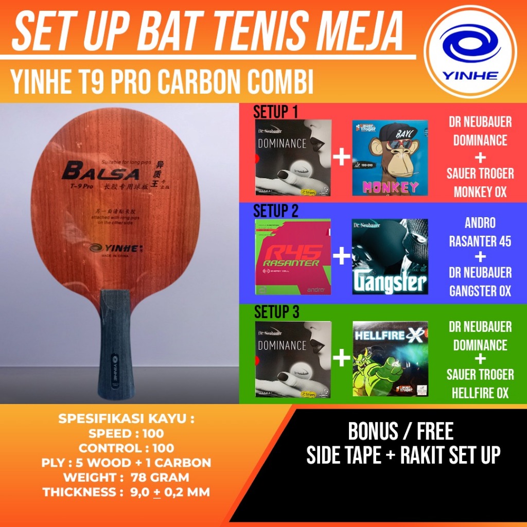 Paket Bat Pingpong Rakitan Yinhe T9 Pro Carbon Combi Bintik Panjang