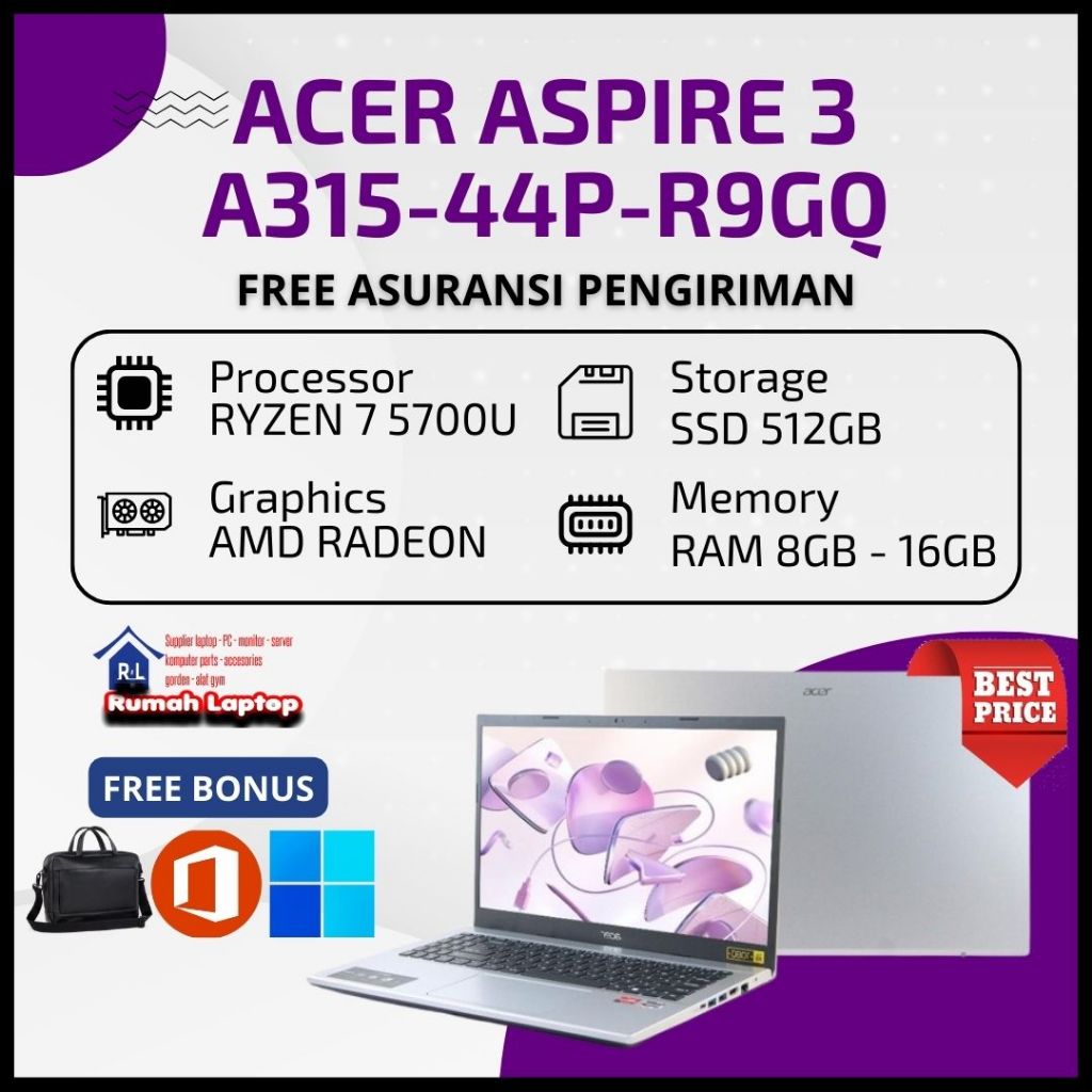 Laptop Gaming Acer Aspire 3 A315-44P-R9GQ Ryzen 7 5700U Ram 16Gb Ssd 512Gb Layar 15.6" Full HD Silver