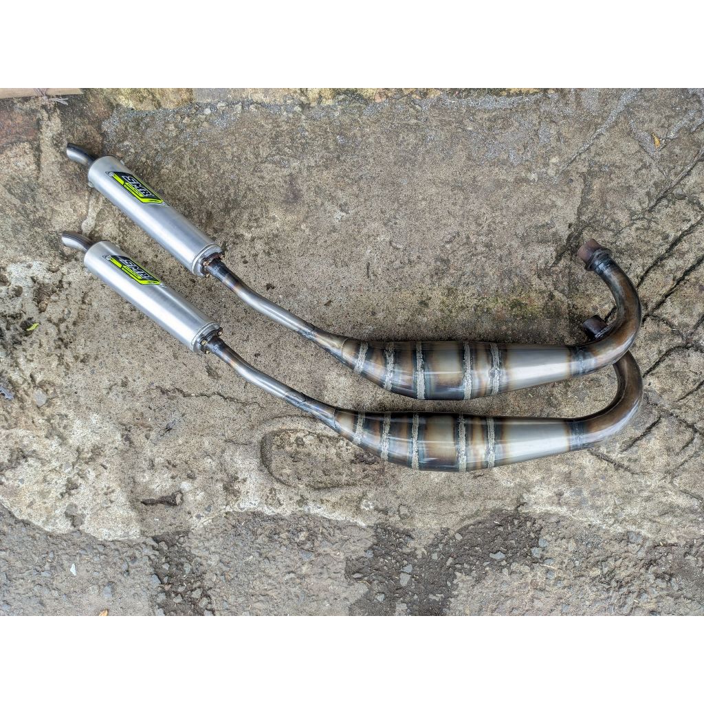 Knalpot SMR Satria 2T Hiu Lumba Kolong Scorpio Plat Almu
