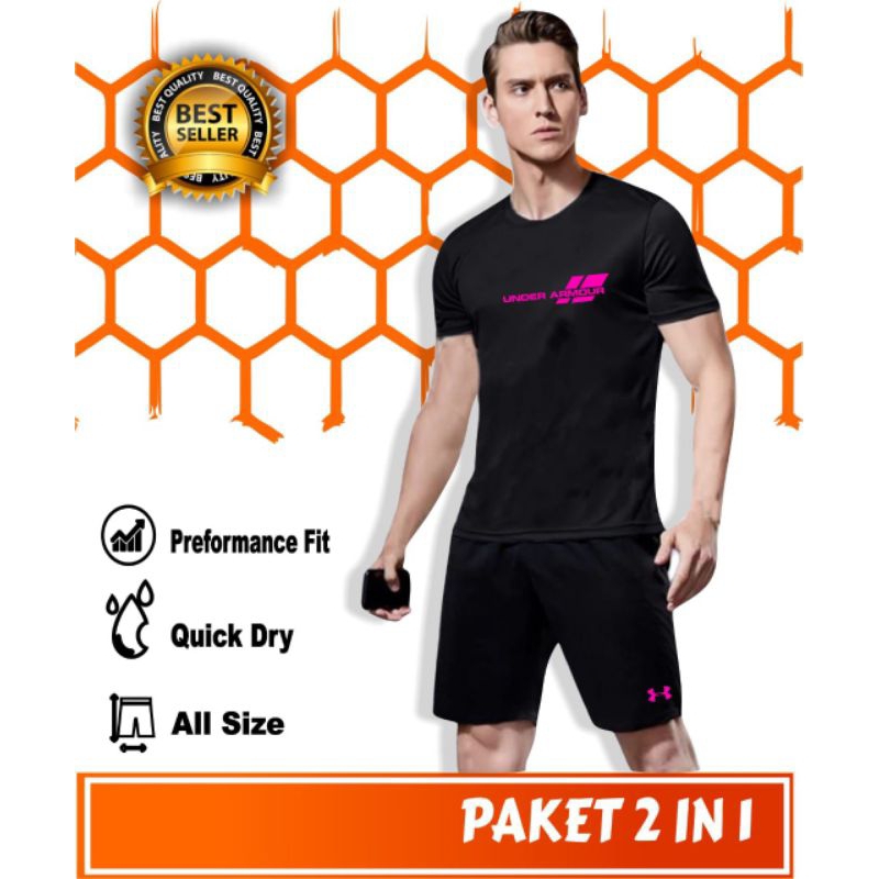 Paket set pakaian olahraga pria gym fitnes lari baju dan celana pendek