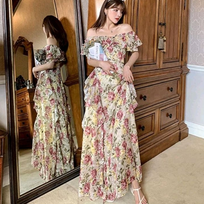 92282 Baju Maxidress CATRIONA OFF SHOULDER SABRINA FLORAL MAXI DRESS bunga dres Korea Korean style w