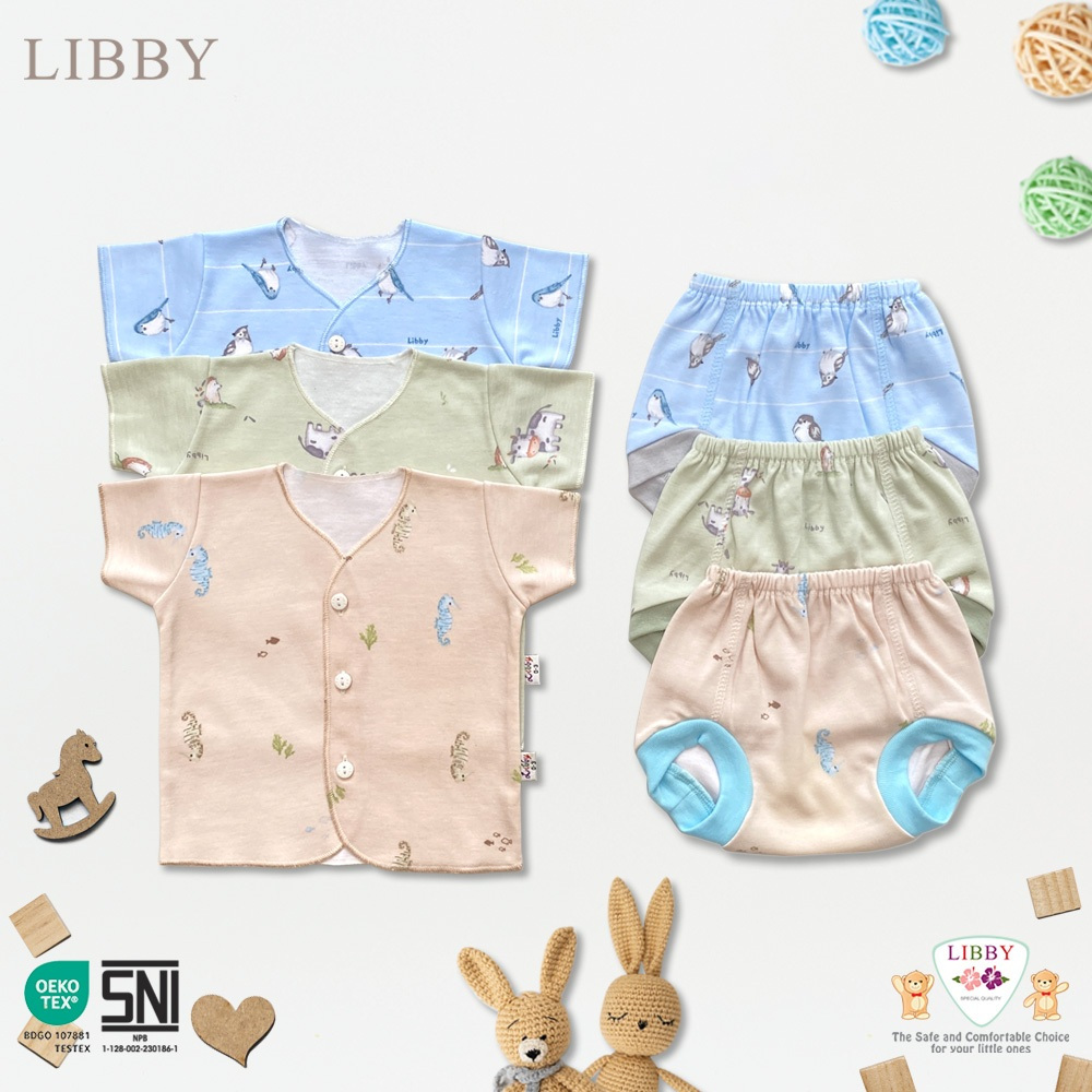 LIBBY Setelan Pendek Baju Kancing Newborn Laki Laki Perempuan Unisex Motif Baby Collections (1 Stel)