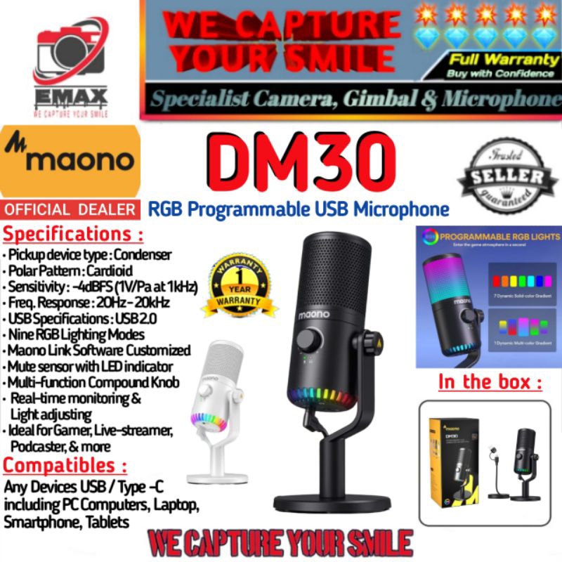 MAONO DM30 RGB Programmable Gaming USB Microphone Condenser Mic Maono DM 30 RGB for Computer PC Lapt