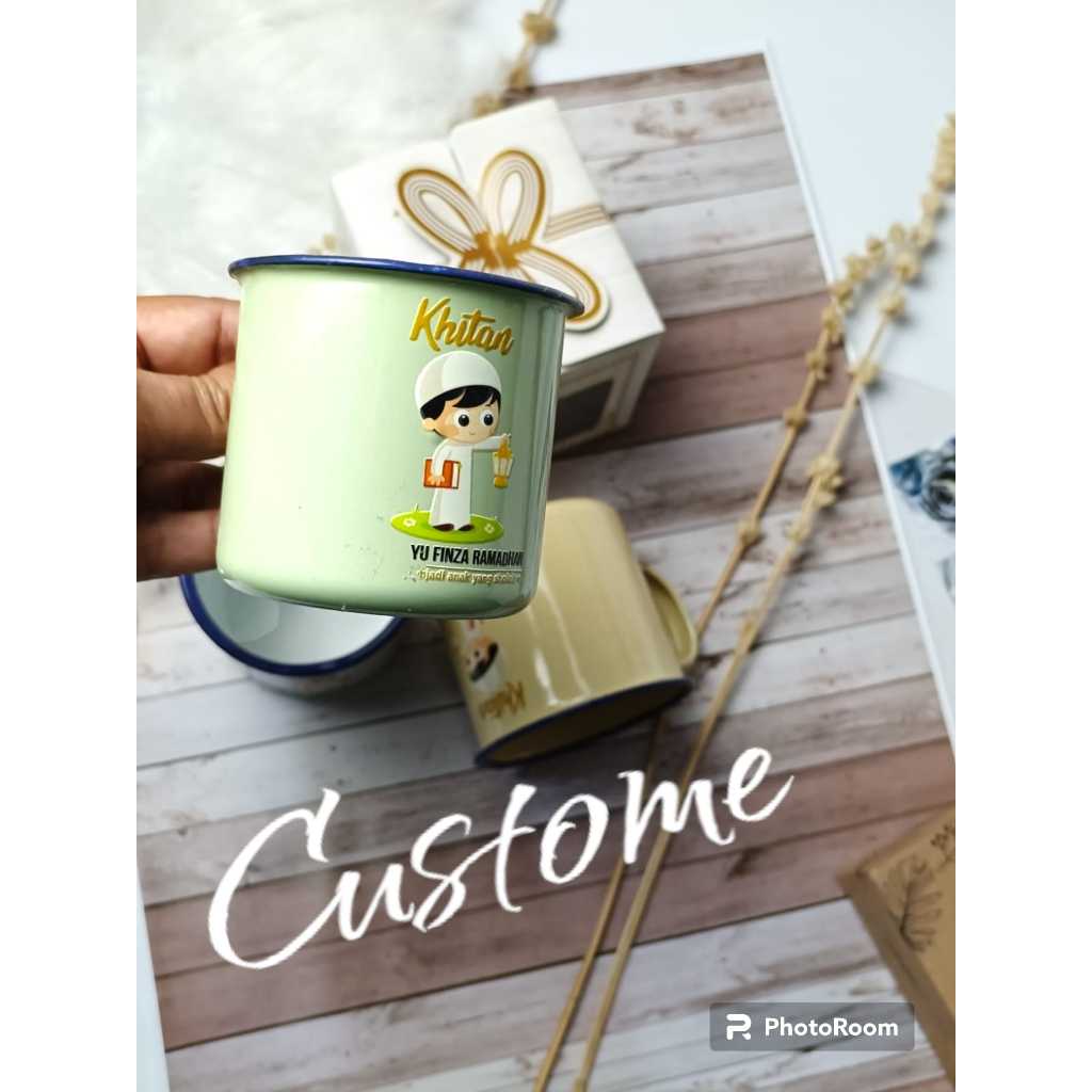 SOUVENIR PEERNIKAHAN KHITAN CANGKIR MUG ENAMEL CUSTOME DECAL