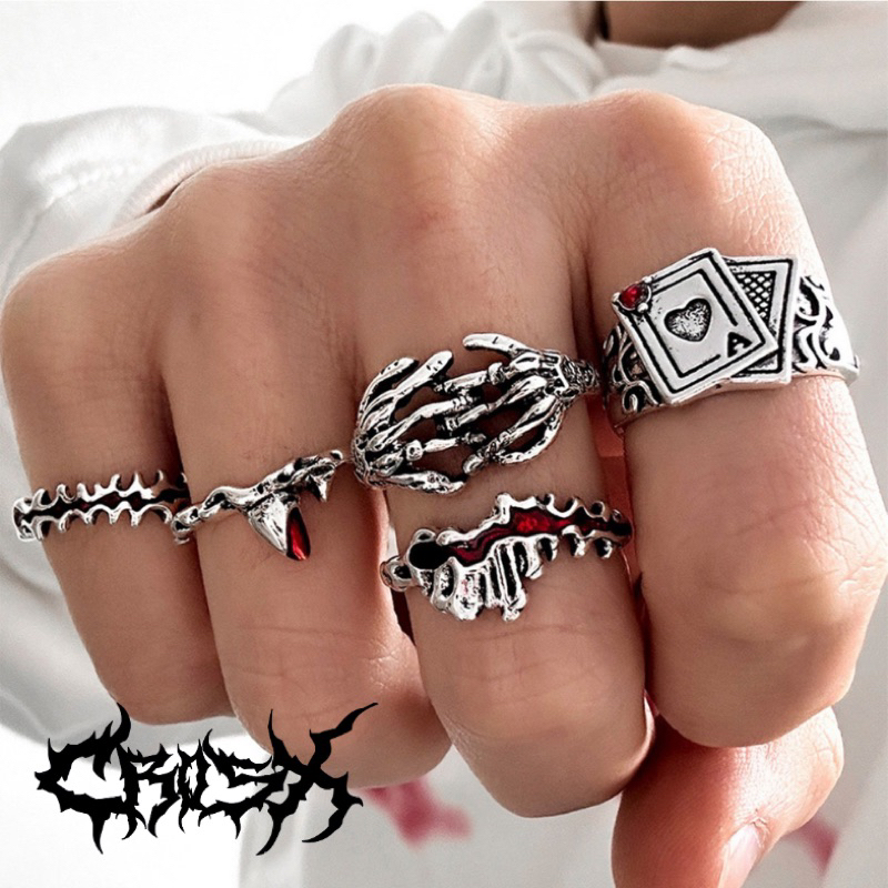 EGHA RING SET / 5PCS CASINO POKER HAND SKULL WIRE STONE CINCIN HITAM SILVER / COUPLE RING CINCIN COU