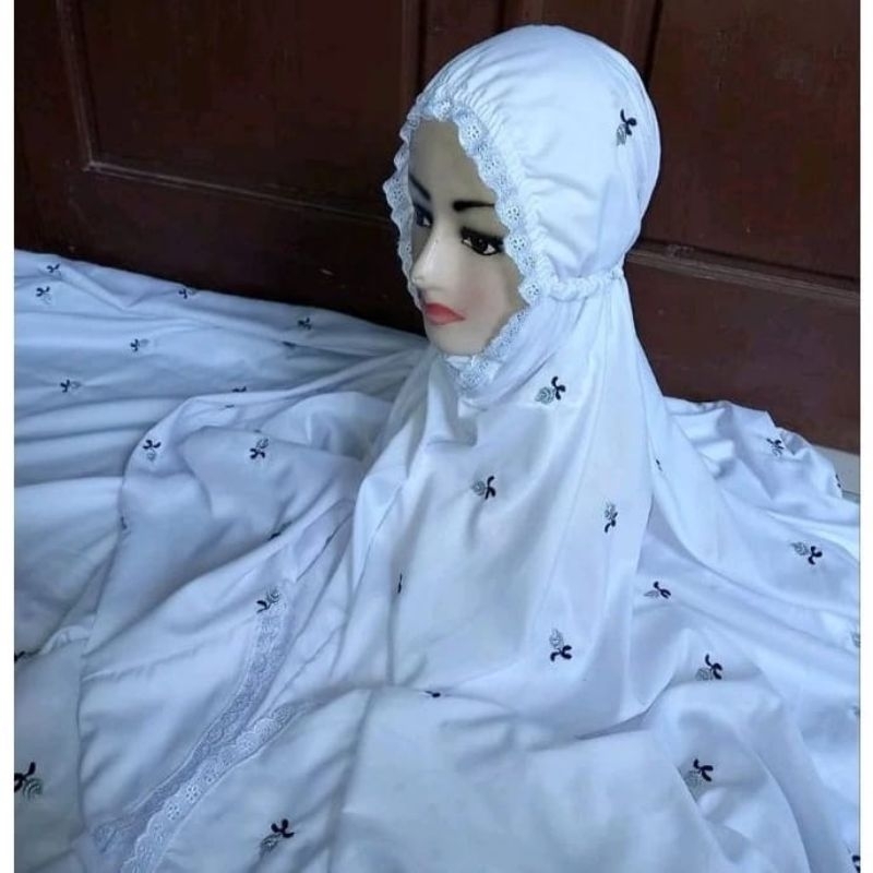 MUKENA TERUSAN POLINO SILK ASLI  MUKENA PUTIH BORDIR TABUR SERIBU BUNGA Mukena dewasa